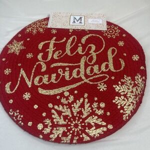 NWT Mia Charro Set Of 4 Round Placemats Feliz 100% Cotton Red & Gold Made India